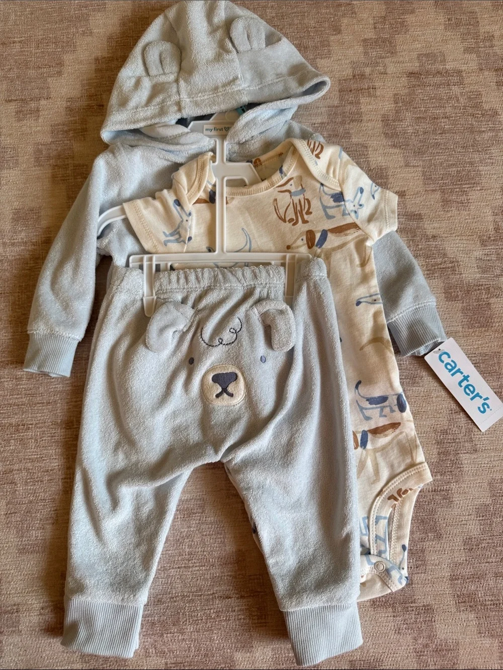 Carter's Light Blue Terry Dog Hoodie & Pants and Dog Bodysuit Set 6M NWT